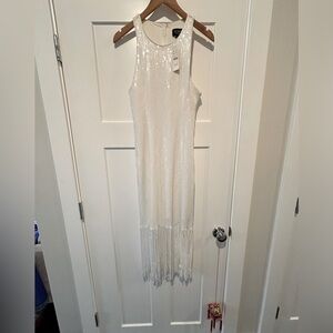 JCREW Collection NWT fringe-trim sequin sheath dress, white, sz 8